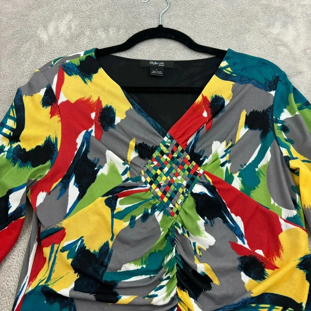 VTG Style & Co Mesh Top Womens Petite L Multicolor Nylon Stretch Artsy Y2K Wacky